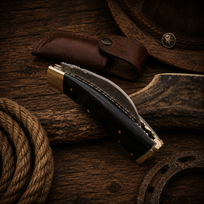 7" Handcrafted Bull Cutter Folding Tool Damascus Steel Black Buffalo Horn Handle - Leather Sheath