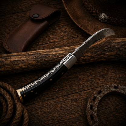 7" Handcrafted Bull Cutter Folding Tool Damascus Steel Black Buffalo Horn Handle - Leather Sheath