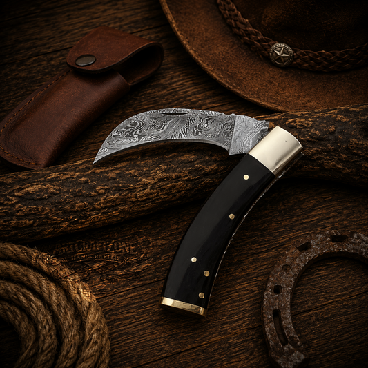 7" Handcrafted Bull Cutter Folding Tool Damascus Steel Black Buffalo Horn Handle - Leather Sheath