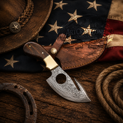 Handcrafted Gut Hook Skinning Premium Damascus Western Cowboy Field Work Tool with Leather Sheath