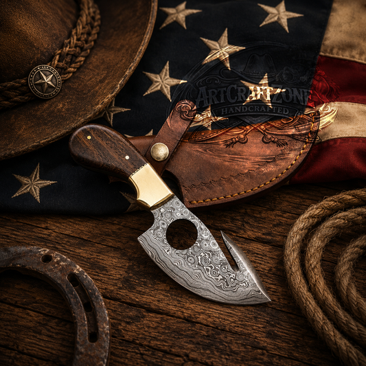 Handcrafted Gut Hook Skinning Premium Damascus Western Cowboy Field Work Tool with Leather Sheath
