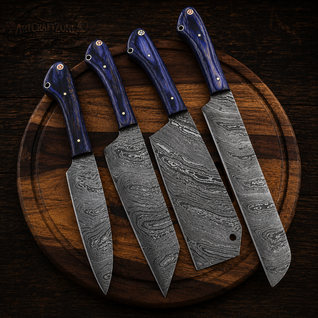 Handcrafted 4 Pcs Cutlery Premium Damascus Western Cowboy Kitchen Knife Set