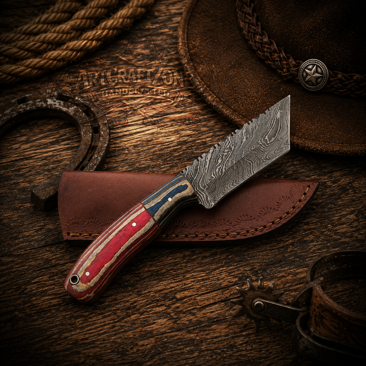 8" Handcrafted Tanto Point Damascus Steel Exotic Wood Handle - Leather Sheath
