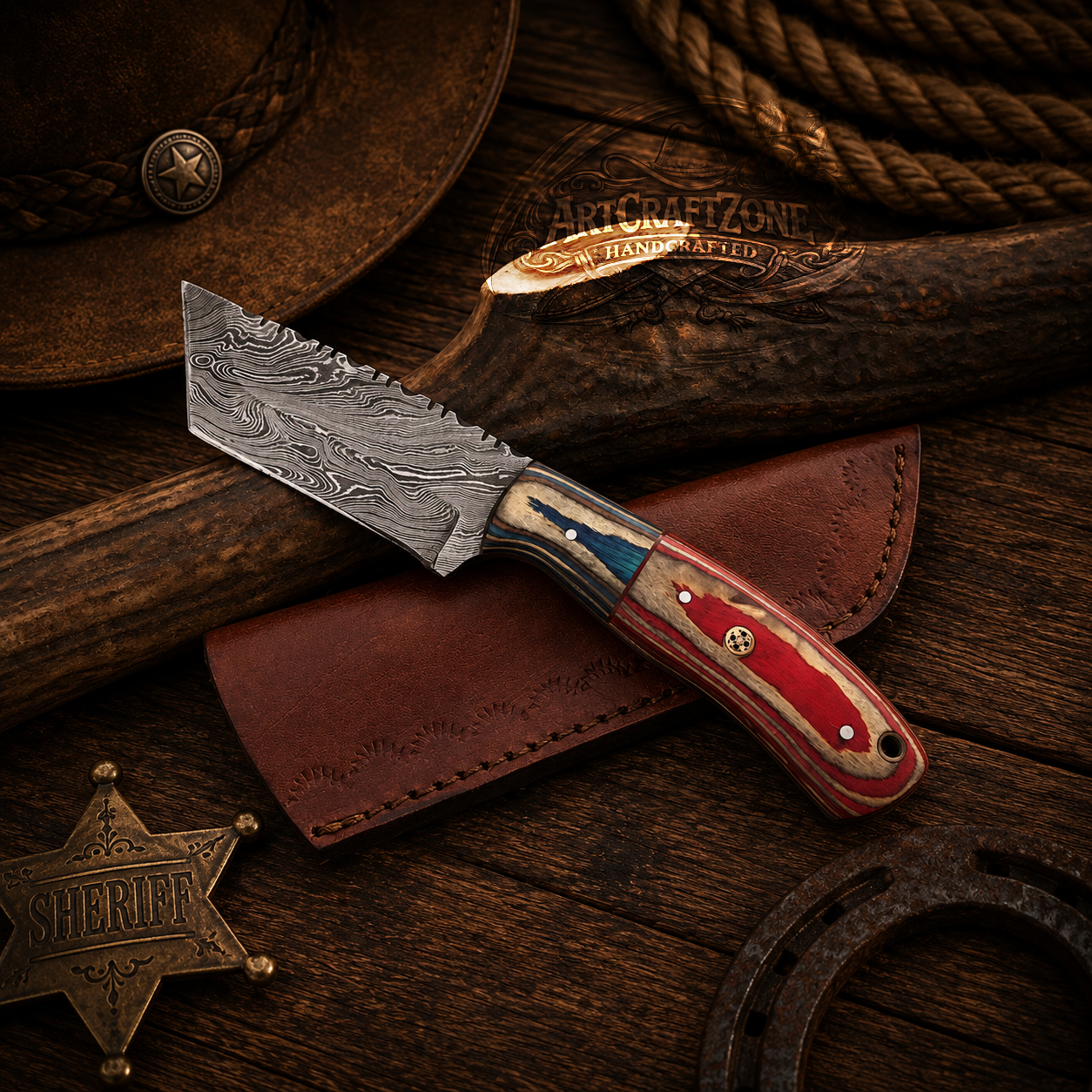 8" Handcrafted Tanto Point Damascus Steel Exotic Wood Handle - Leather Sheath
