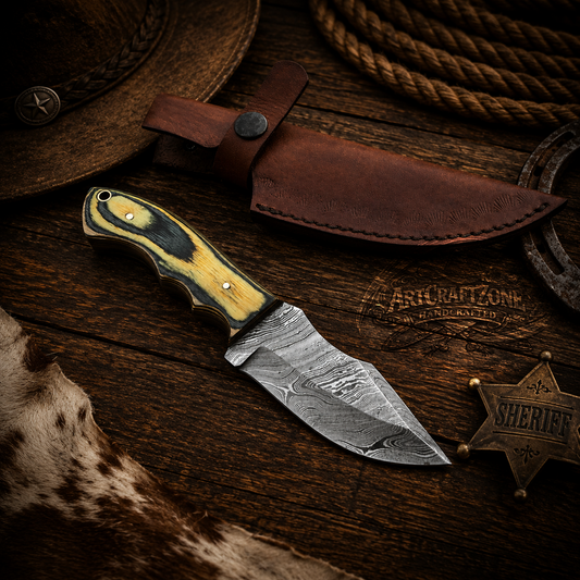 Handcrafted Skinning Premium Damascus Western Cowboy Field Work Tool with Leather Sheath