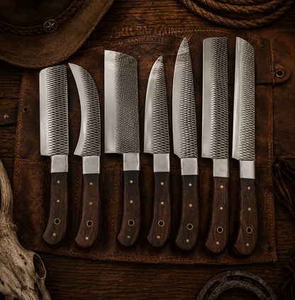 Handcrafted 7-Piece Rasp File Steel Kitchen Chef Knives Set Wood Handle - Leather Sheath