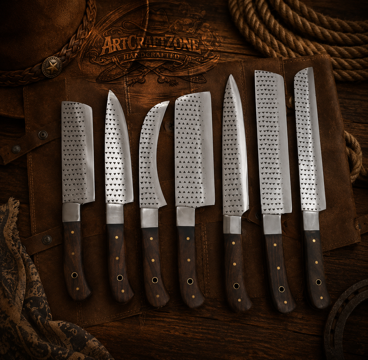 Handcrafted 7-Piece Rasp File Steel Kitchen Chef Knives Set Wood Handle - Leather Sheath