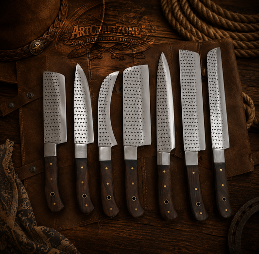 Handcrafted 7-Piece Rasp File Steel Kitchen Chef Knives Set Wood Handle - Leather Sheath