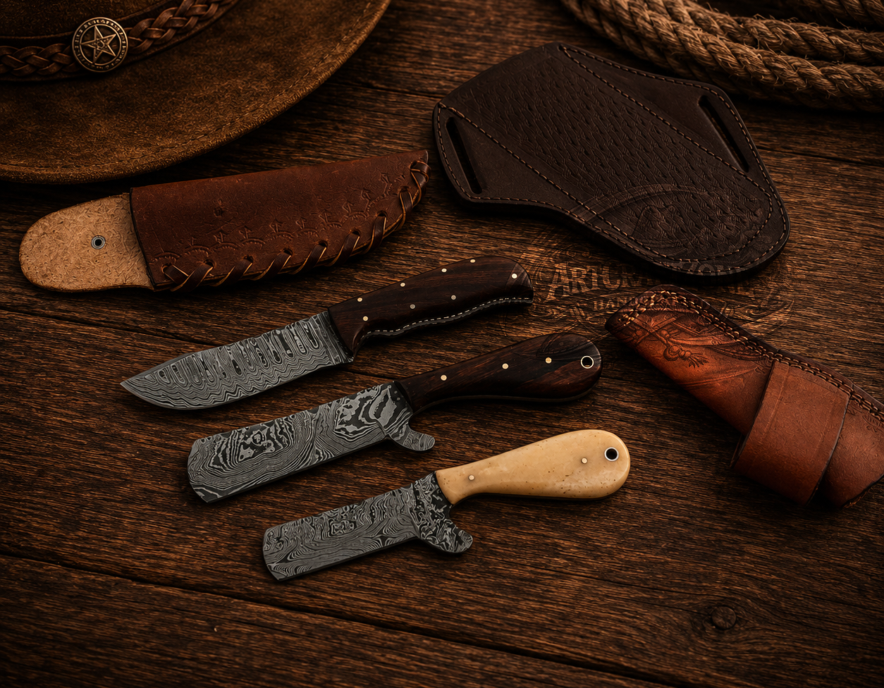 Handcrafted Damascus Bull Cutter Iron Wood & Camel Bone Handle - Leather Sheath