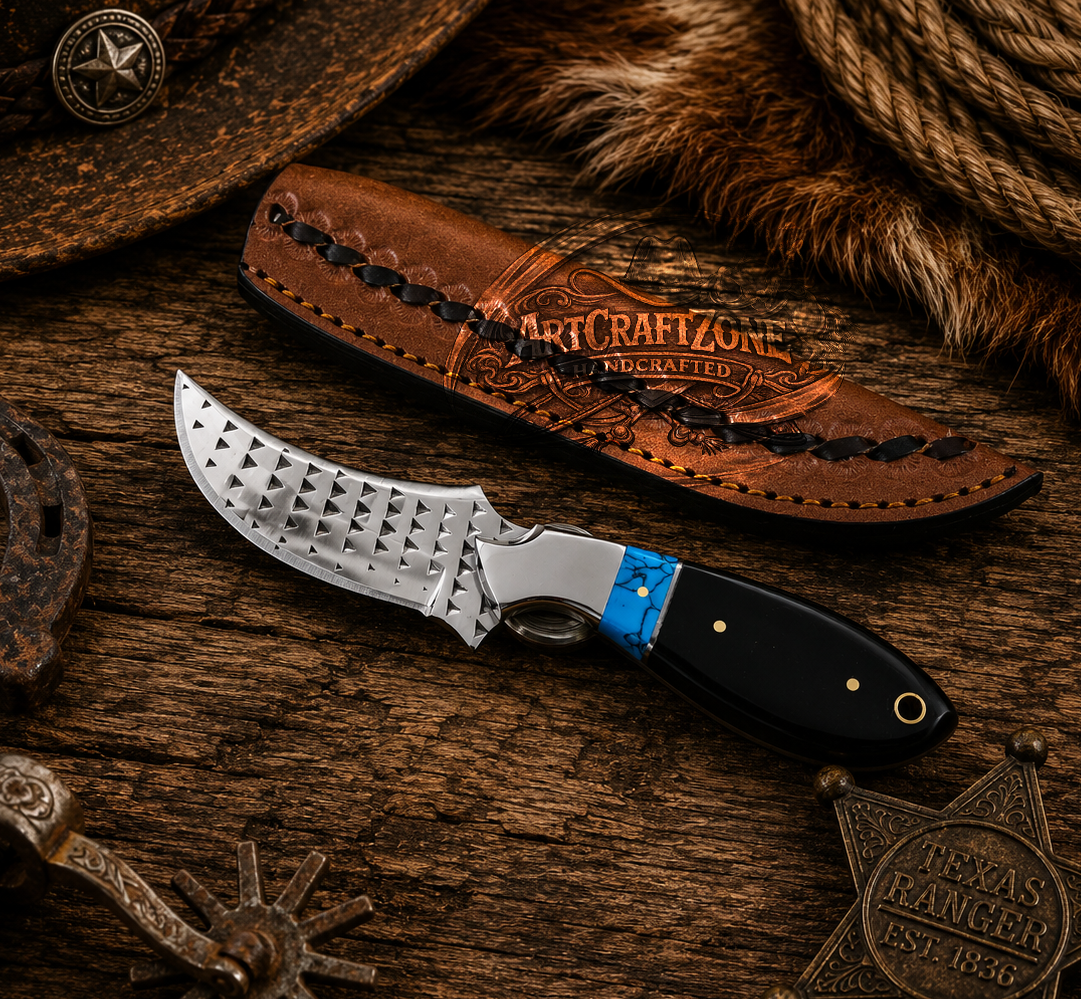 7" Handcrafted Rasp Farrier File Steel Tool Black Buffalo Horn & Turquoise Handle - Leather Sheath