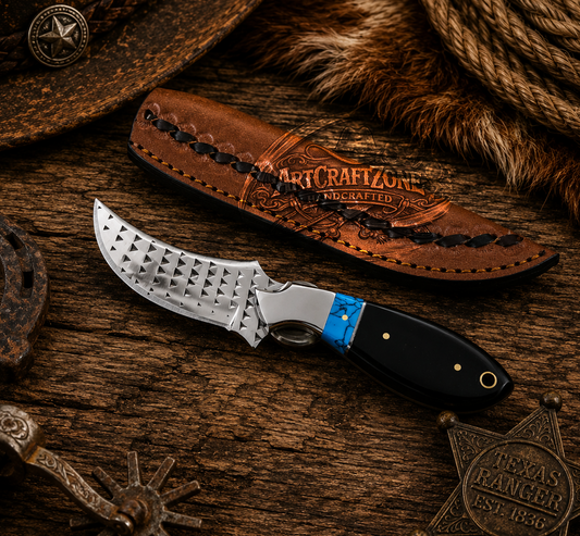 7" Handcrafted Rasp Farrier File Steel Tool Black Buffalo Horn & Turquoise Handle - Leather Sheath