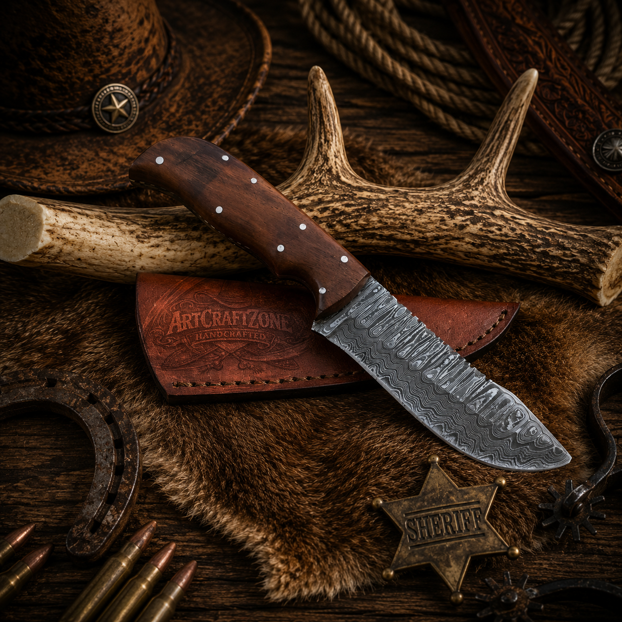 8" Handcrafted EDC Skinning Tool Damascus Steel Iron Wood Handle - Leather Sheath