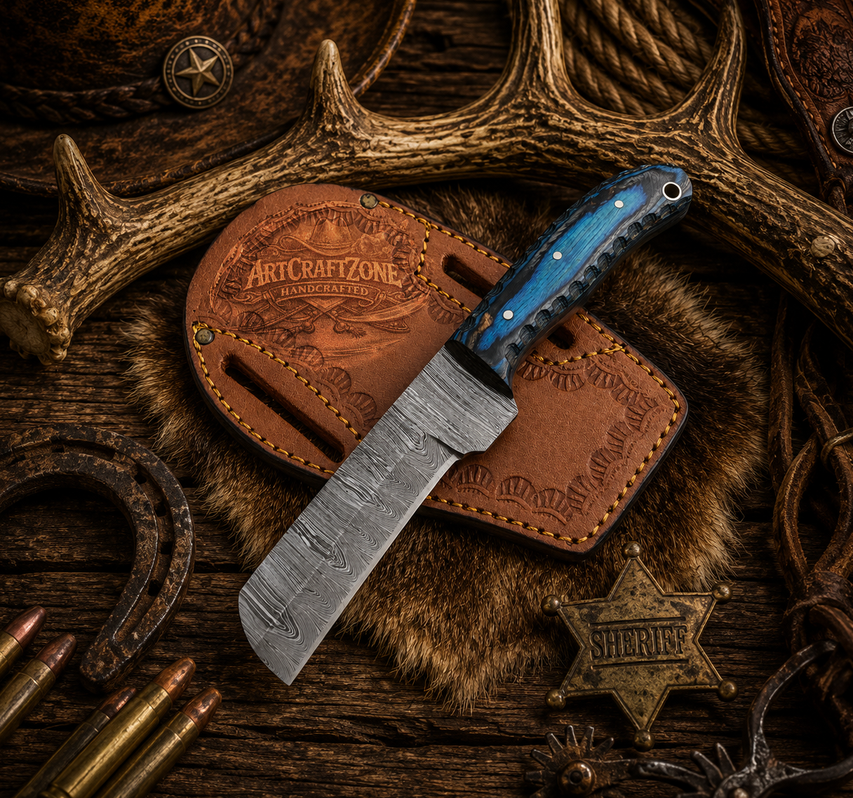 Handcrafted 7" Western Cowboy Bull Cutter With Leather Sheath