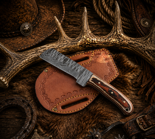 Handcrafted Bull Cutter 8" Damascus Snake Wood Cowboy Field Work Tool With Leather Sheath