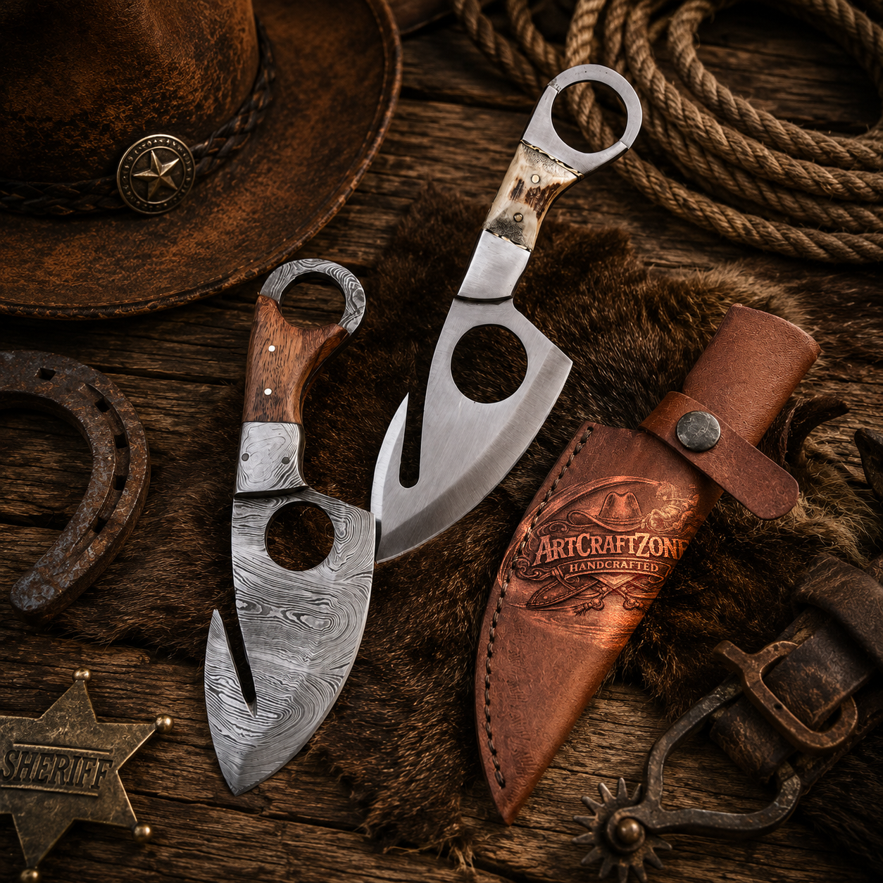 7" Handcrafted Gut Hook Skinning Tools Damascus Steel Iron Wood & Antler Handle - Leather Sheath
