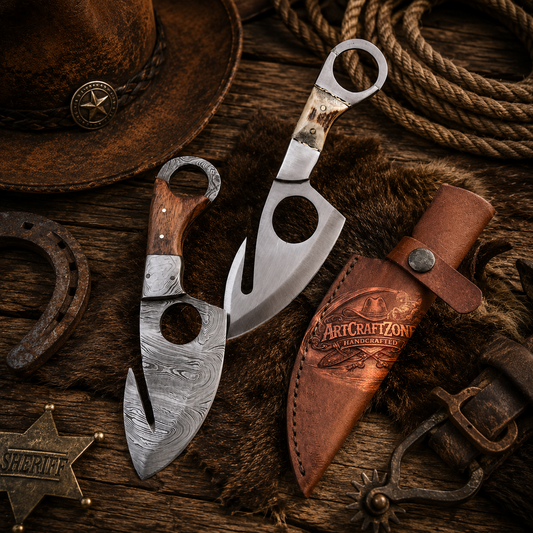 7" Handcrafted Gut Hook Skinning Tools Damascus Steel Iron Wood & Antler Handle - Leather Sheath