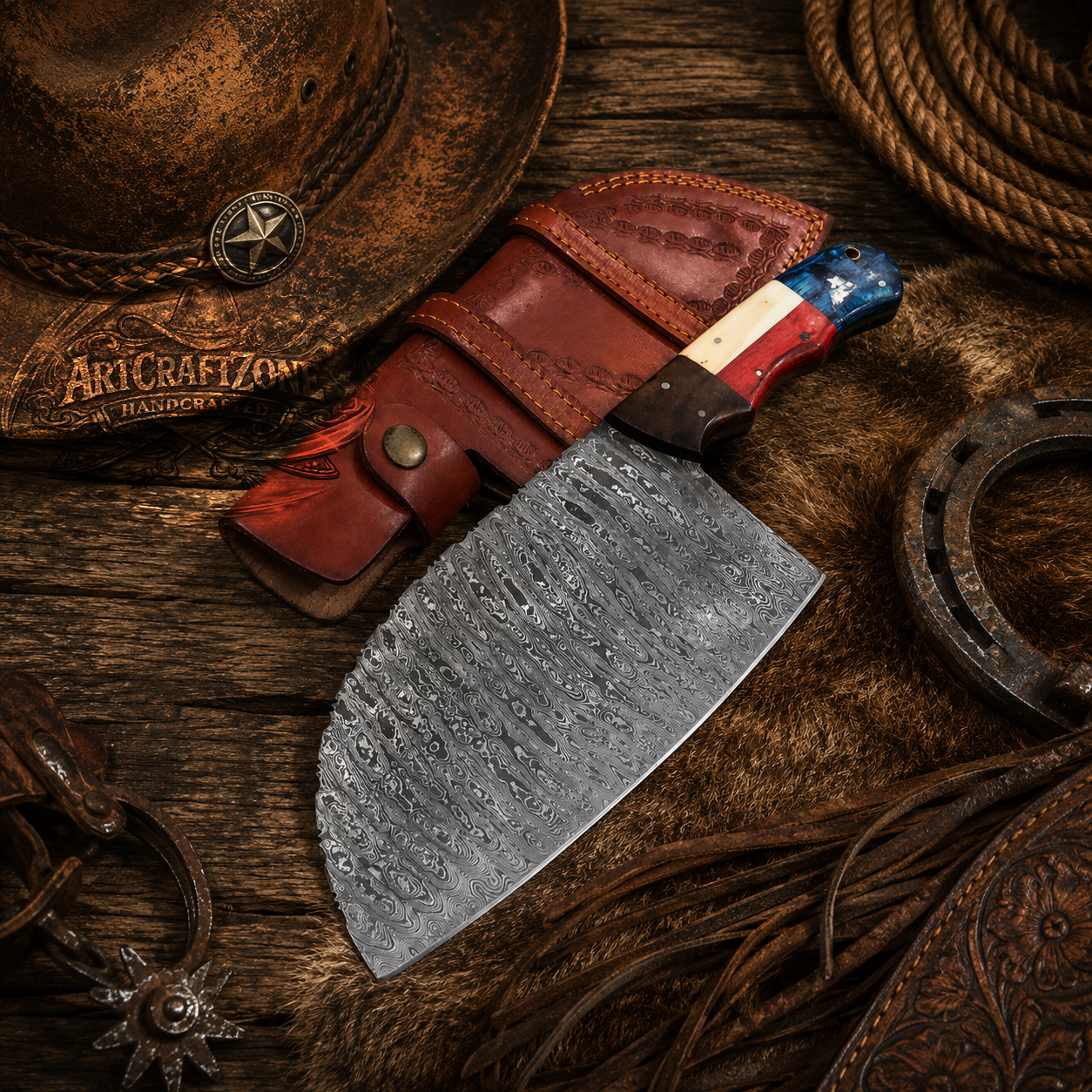 Handcrafted Texas Damascus Kitchen Cleaver Western Cowboy with Leather Sheath