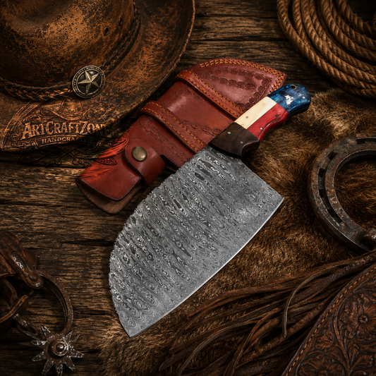 Handcrafted Texas Damascus Kitchen Cleaver Western Cowboy with Leather Sheath