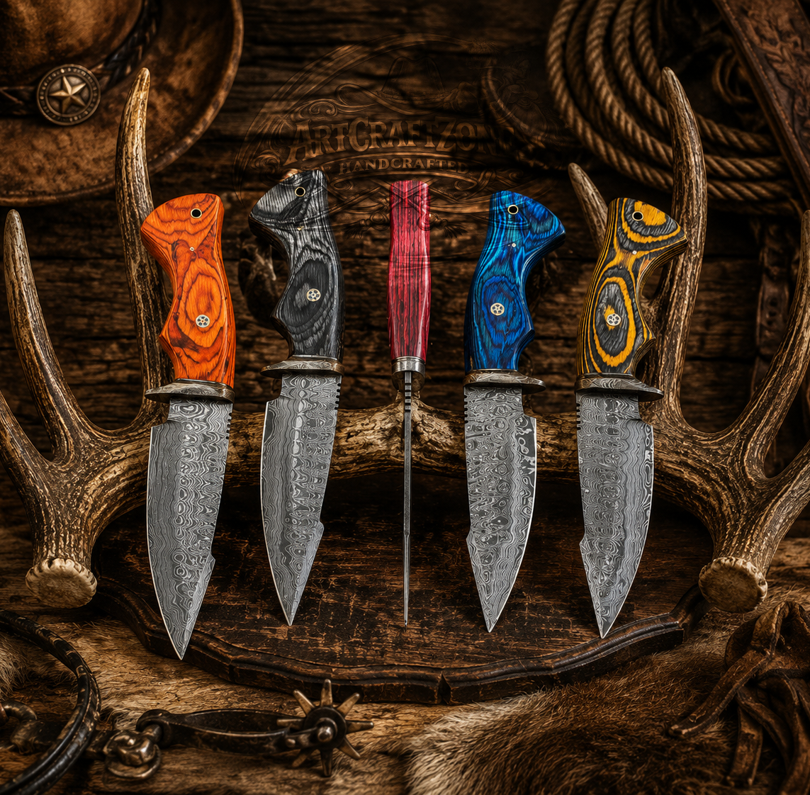 10" Handcrafted Hunting Tool Damascus Steel Exotic Wood Handle - Leather Sheath