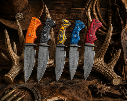 10" Handcrafted Hunting Tool Damascus Steel Exotic Wood Handle - Leather Sheath