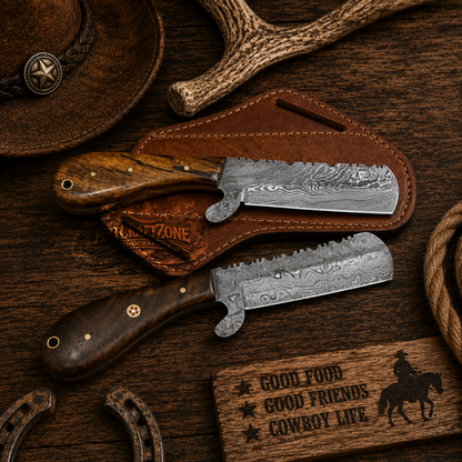 8" Handcrafted Bull Cutter Set Damascus Steel Brown Iron Wood Handle - Leather Sheath