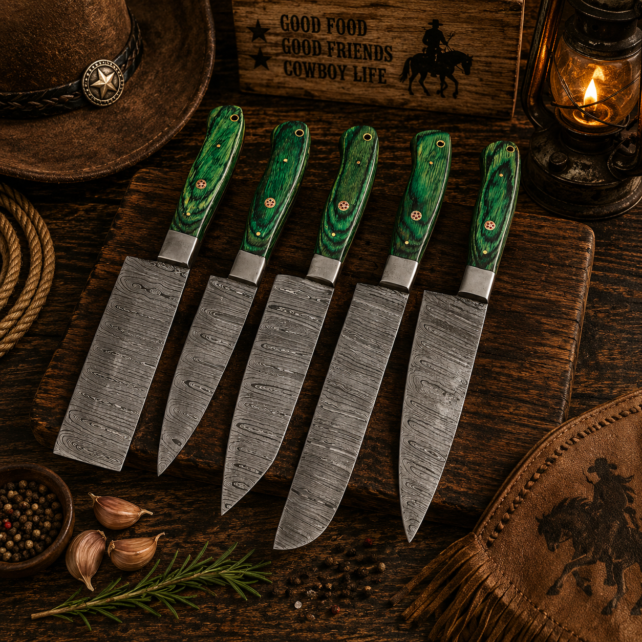 Handcrafted 5-Piece Damascus Kitchen Chef Knives Set Green Wood Handle - Leather Case
