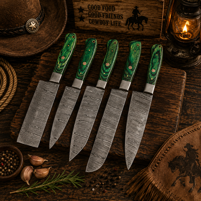 Handcrafted 5-Piece Damascus Kitchen Chef Knives Set Green Wood Handle - Leather Case