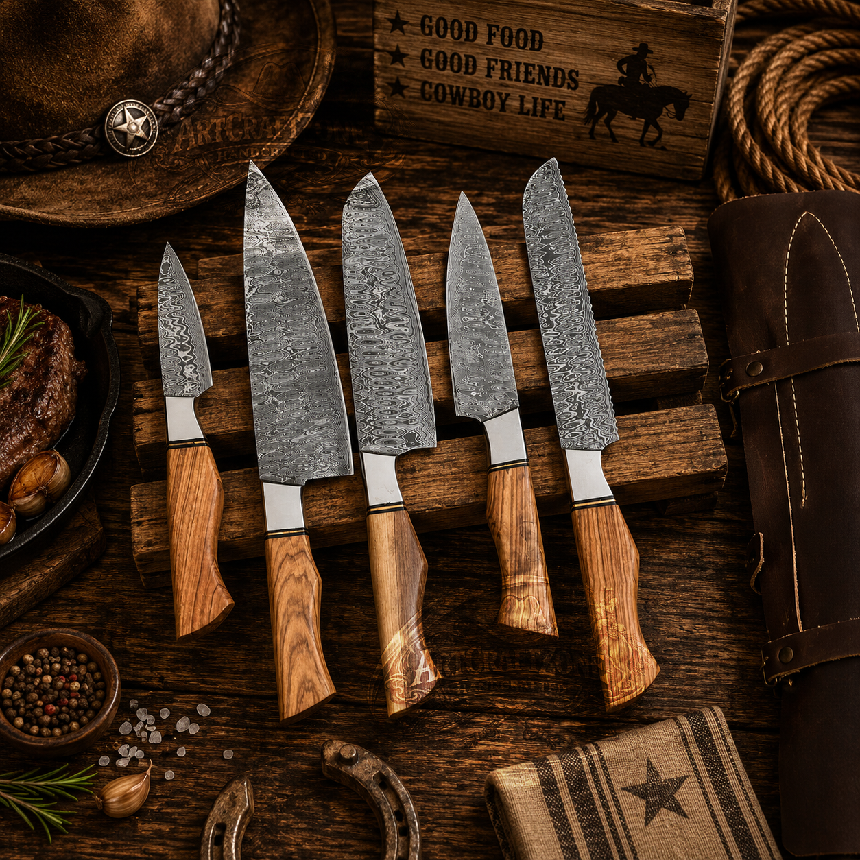 Handcrafted 5-Piece Damascus Kitchen Chef Knives Set Olive Wood Handle - Leather Sheath