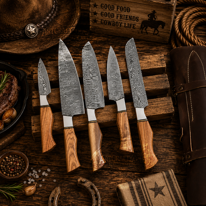 Handcrafted 5-Piece Damascus Kitchen Chef Knives Set Olive Wood Handle - Leather Sheath