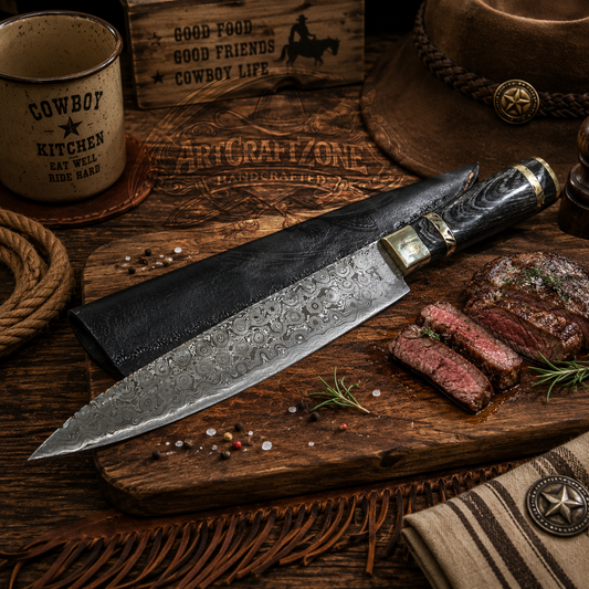13" Handcrafted Damascus Chef Knife Black Exotic Wood Brass Spacer Handle - Leather Sheath