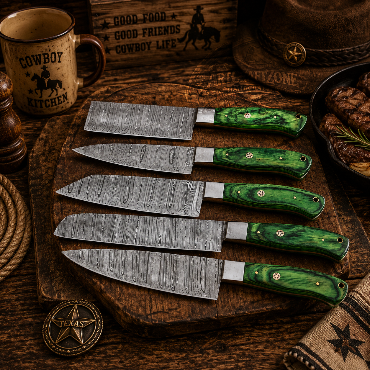 Handcrafted 5-Piece Damascus Kitchen Chef Knives Set Green Wood Handle - Leather Case
