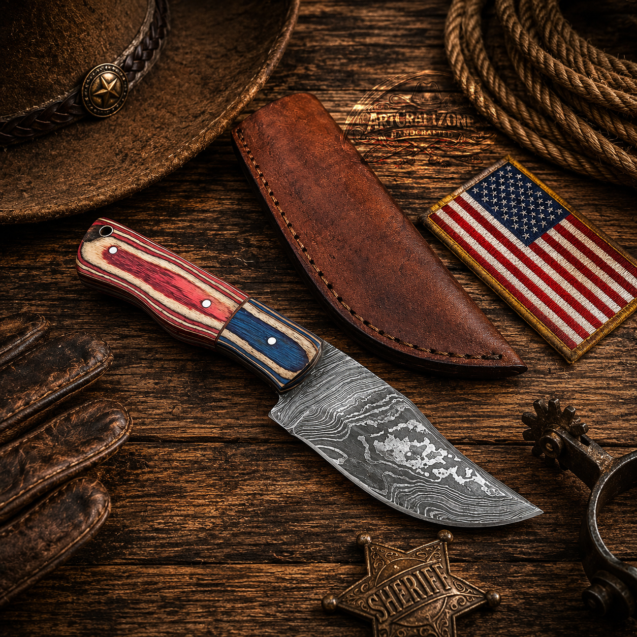 Handcrafted Skinning Premium Damascus Western Cowboy Field Work Tool with Leather Sheath