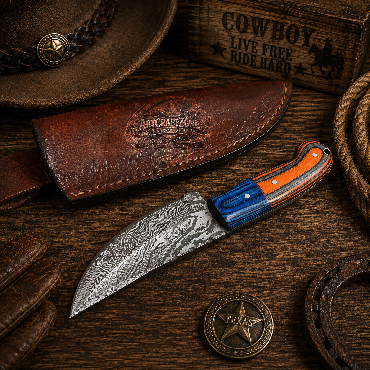 Handcrafted Skinning Premium Damascus Western Cowboy Field Work Tool with Leather Sheath