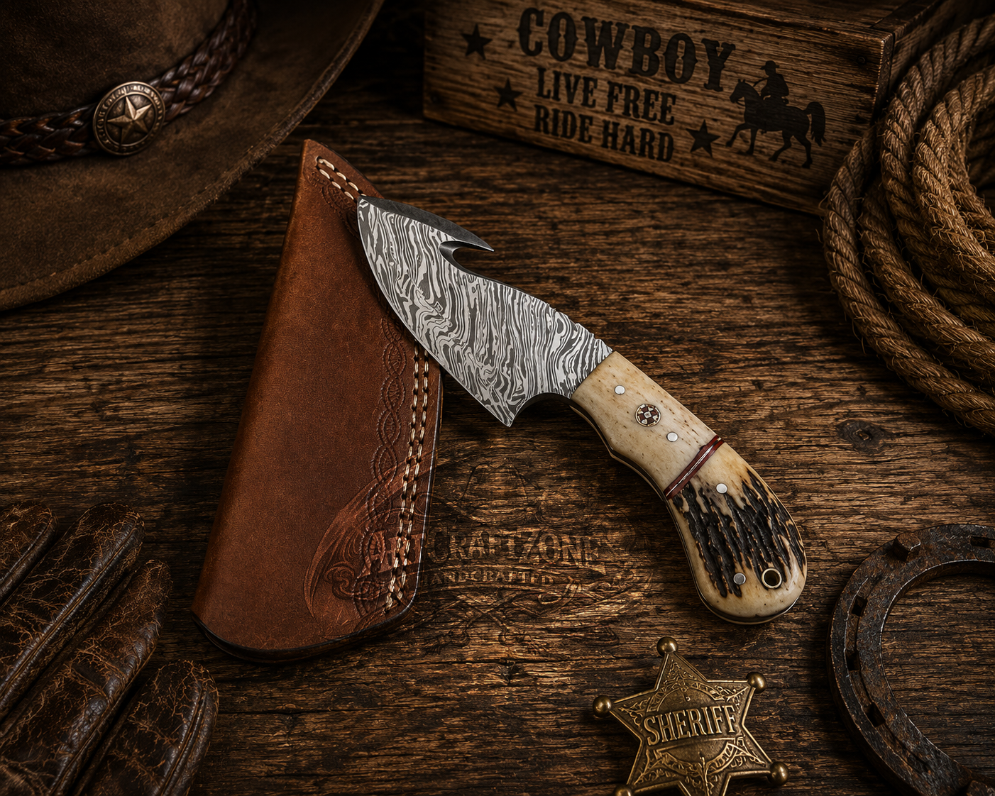 Handcrafted Gut Hook Skinning Premium Damascus Western Cowboy Field Work Tool with Leather Sheath