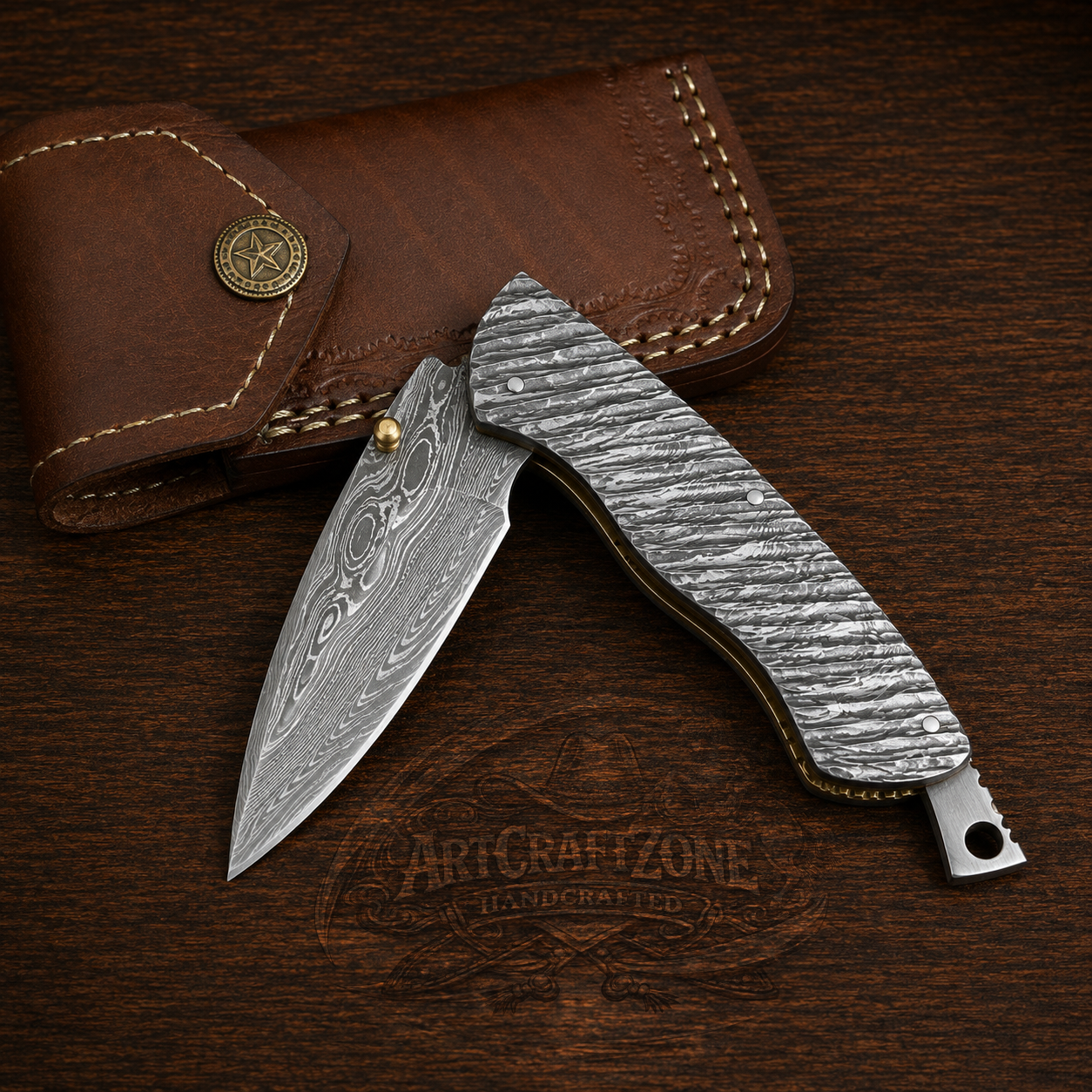 Handcrafted Bull Cutter Full Damascus Western Cowboy Folding Tool with Leather Sheath
