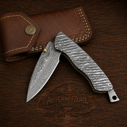 Handcrafted Bull Cutter Full Damascus Western Cowboy Folding Tool with Leather Sheath
