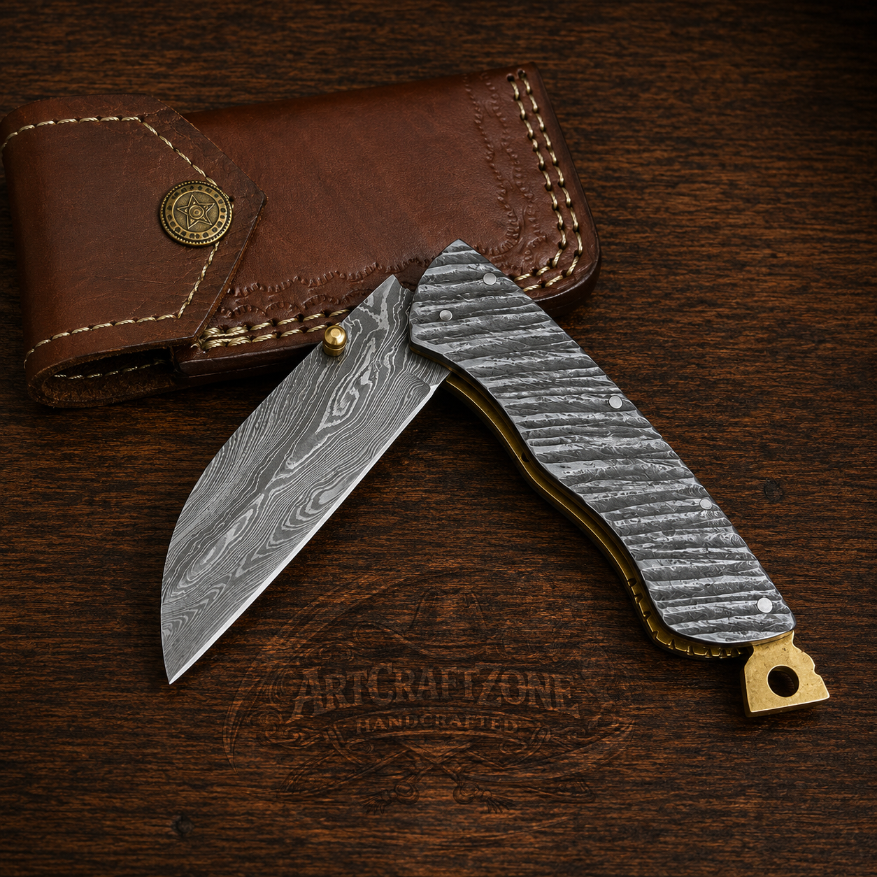 Handcrafted Bull Cutter Full Damascus Western Cowboy Folding Tool with Leather Sheath