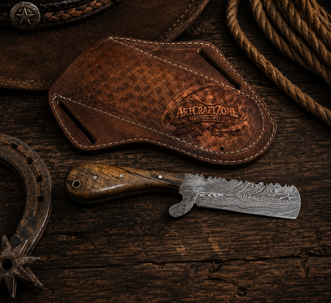 8" Handcrafted Bull Cutter Set Damascus Steel Brown Iron Wood Handle - Leather Sheath