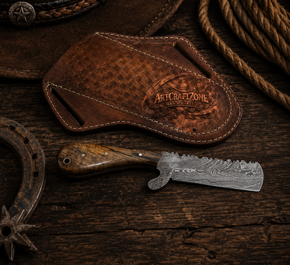 8" Handcrafted Bull Cutter Set Damascus Steel Brown Iron Wood Handle - Leather Sheath