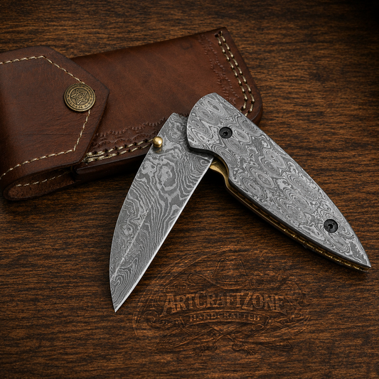 Handcrafted Bull Cutter Full Damascus Western Cowboy Folding Tool with Leather Sheath