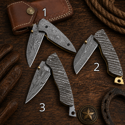 Handcrafted Bull Cutter Full Damascus Western Cowboy Folding Tool with Leather Sheath