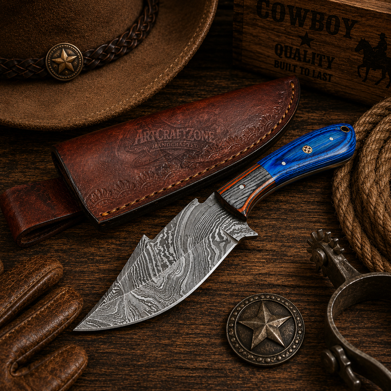 Handcrafted Skinning Premium Damascus Western Cowboy Field Work Tool with Leather Sheath
