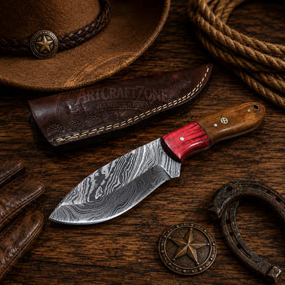 Handcrafted Skinning Premium Damascus Western Cowboy Field Work Tool with Leather Sheath