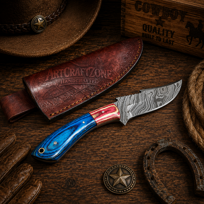 Handcrafted Skinning Premium Damascus Western Cowboy Field Work Tool with Leather Sheath