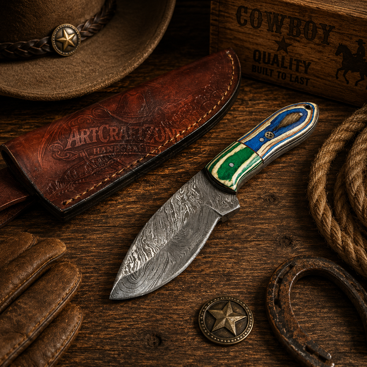 Handcrafted Skinning Premium Damascus Western Cowboy Field Work Tool with Leather Sheath