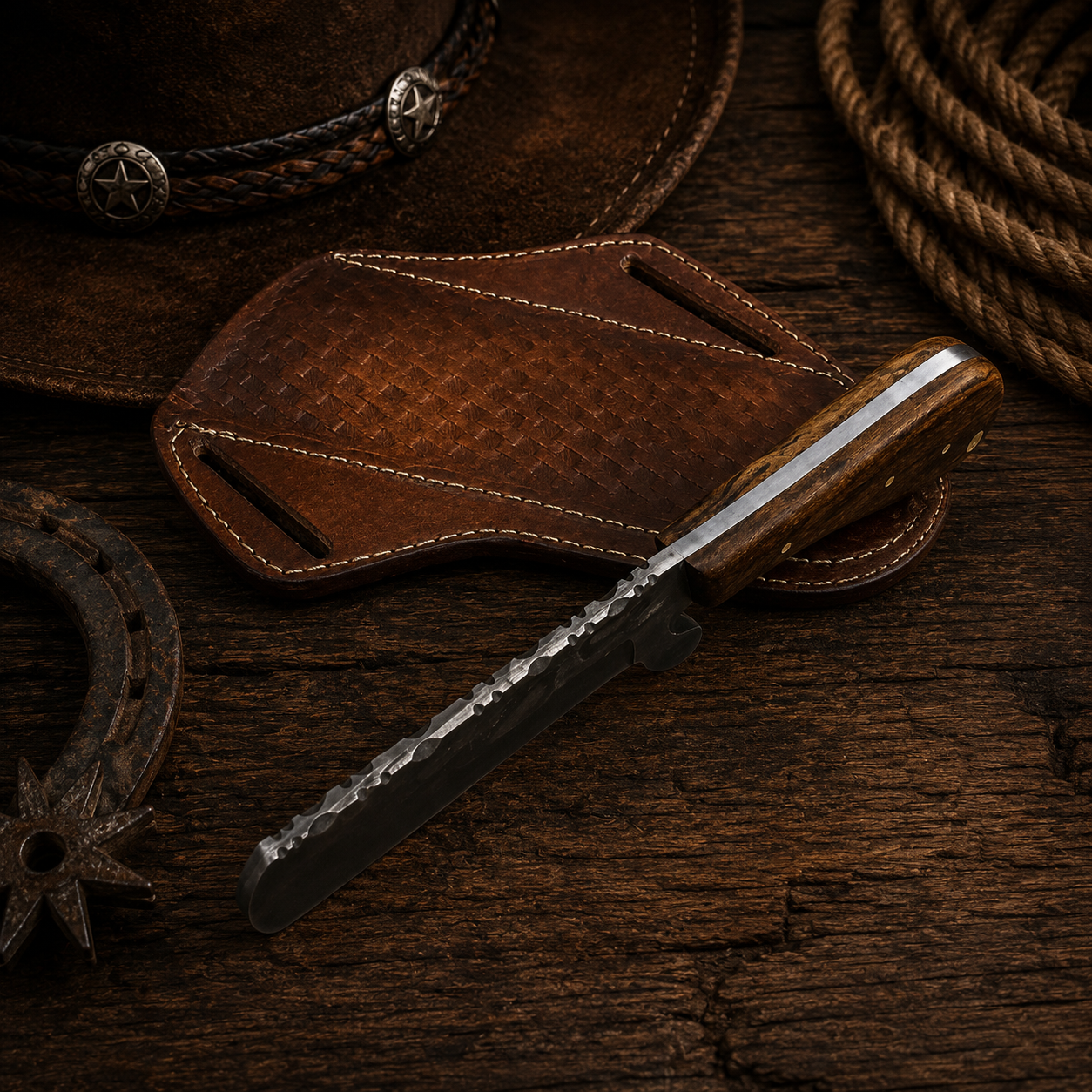 8" Handcrafted Bull Cutter Set Damascus Steel Brown Iron Wood Handle - Leather Sheath