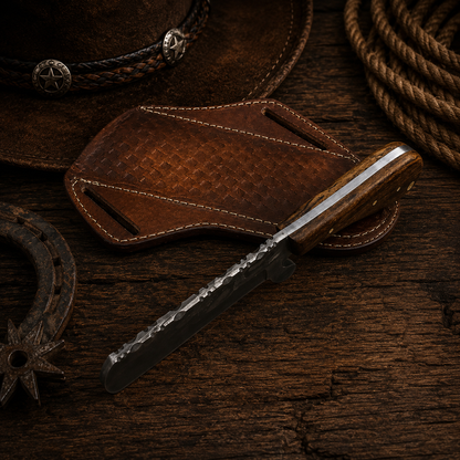8" Handcrafted Bull Cutter Set Damascus Steel Brown Iron Wood Handle - Leather Sheath