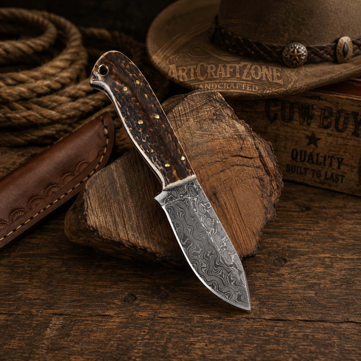 7" Handcrafted Skinning Knife Damascus Steel Antler Handle - Leather Sheath