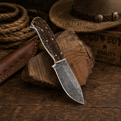 7" Handcrafted Skinning Knife Damascus Steel Antler Handle - Leather Sheath