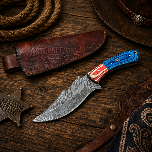 Handcrafted Skinning Premium Damascus Western Cowboy Field Work Tool with Leather Sheath